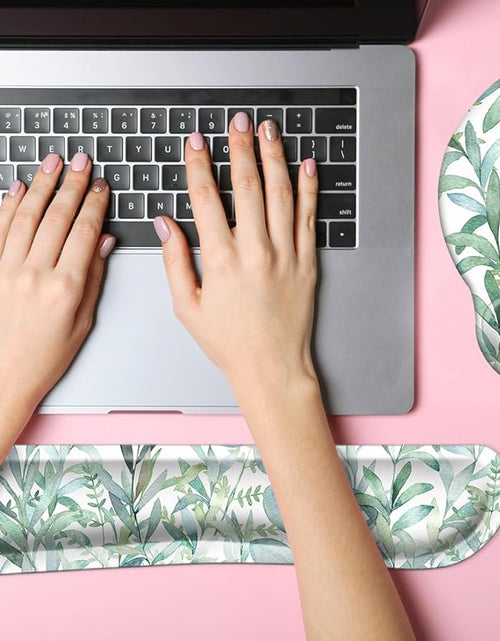 Load image into Gallery viewer, 3 in 1 Ergonomic Mouse Pad with Wrist Support and Keyboard Wrist Rest Pad Set with Coaster,  Wrist Pad with Non-Slip Rubber Base &amp; Raised Memory Foam, Easy Typing &amp; Pain Relief, Green Plants
